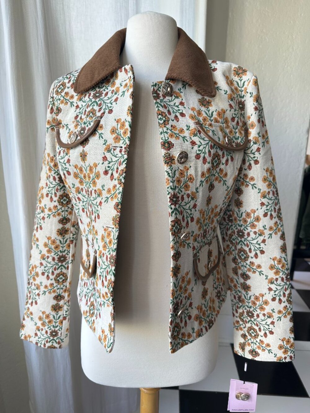 Avec Les Filles Floral Jacquard Cropped Jacket Corduroy Collar NWT M